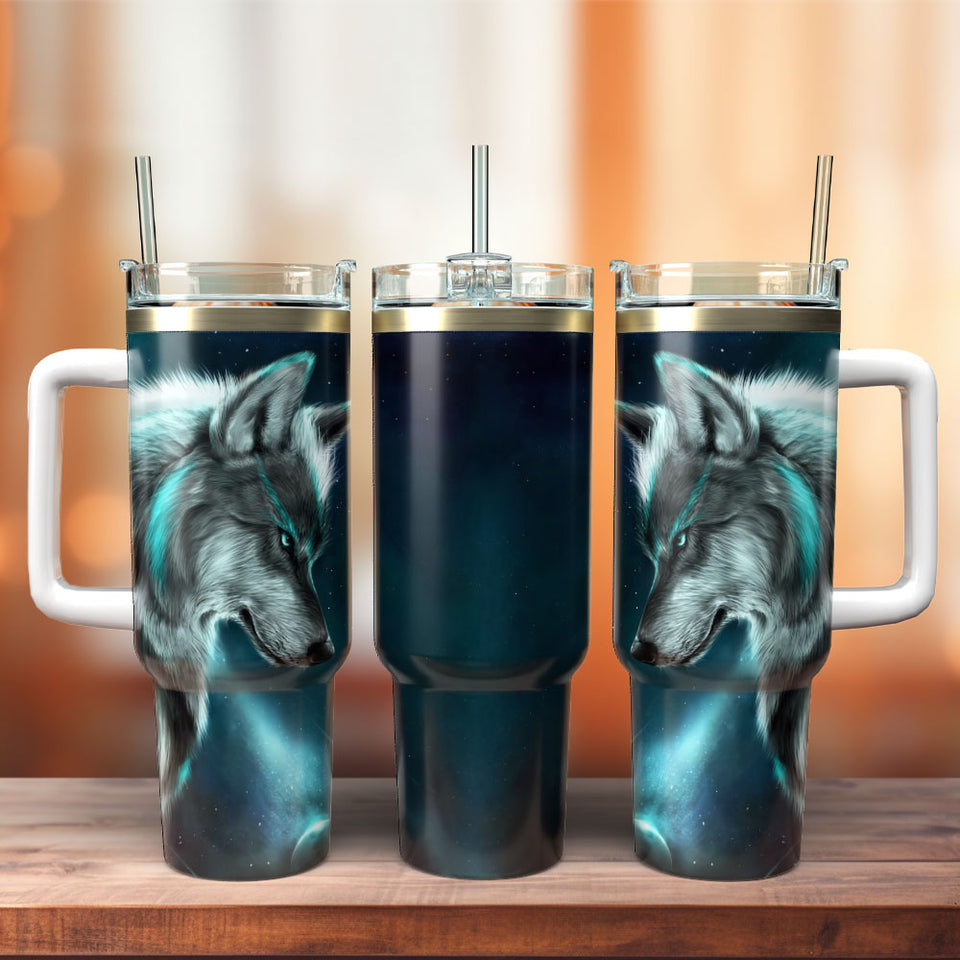 Wolf Artwork Personalized 40oz Tumbler With Handle and Straw